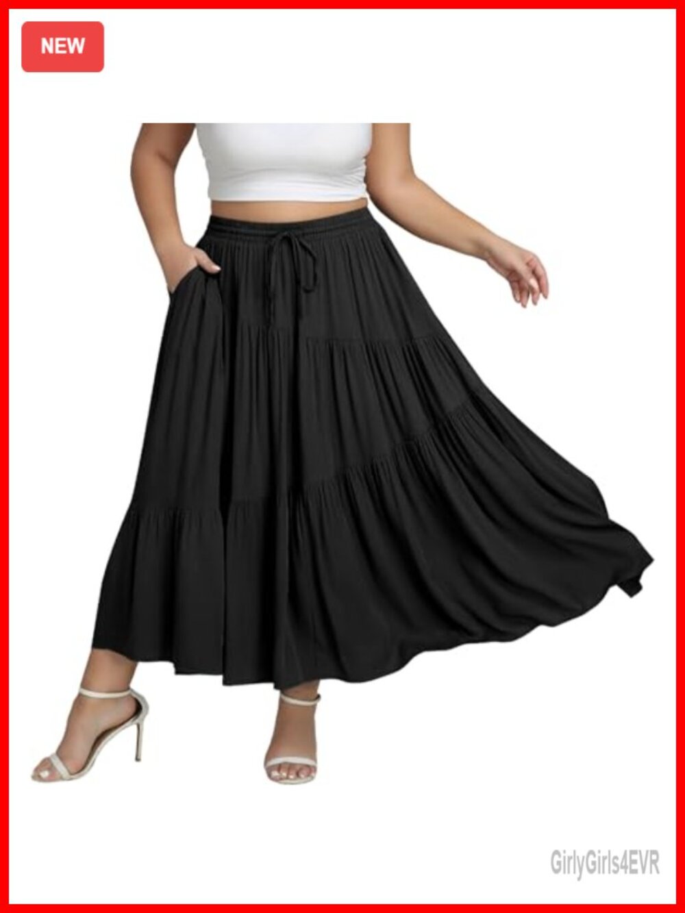 Plus Size Tiered Maxi Skirt High Waisted A-Line Flowy with Pockets